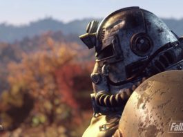 As a subscriber, you will receive the 25th Anniversary Bundle with numerous goodies for Fallout 76. In this cover image from the Fallout 76 game, we see a character in a protective suit and gas mask full helmet in profile in a close-up on the right side of the image. The sun reflects on the helmet and on his armor. In the background, an autumnal forest with orange and red leaves can be seen in the blur, with the blue sky above. At the bottom left the Bethesda logo and at the bottom right, the Fallout 76 logo in light transparency in white is shown.