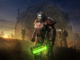 On this cover image of the game Fallout 76, we can see a huge round dark building complex in the center of the image. It is shown in total view and stands in a fir forest. On the left half of the image, we can see the setting sun, which is just disappearing behind the fir trees and warmly illuminates the image from behind. In the foreground, a hilly orange sandy ground can be seen with three armed characters in combat suits and full helmets standing at some distance from each other. The two figures in the back are looking toward the complex of buildings in the background, where the foremost character is looking at us as viewers. He is shown in the semi-close-up in the center of the image, has bronze-colored metal armor, and in his left hand, he holds a futuristic sword with a green laser blade. There will be a Fallout TV show on Amazon Prime Video to accompany the game. The release date of the series is not yet known.