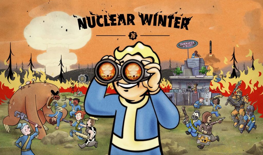 This illustration from Fallout 76 shows the Vault Boy with short blond hair and a blue and yellow suit centrally in the foreground of the image in a semi-close-up. He smiles as he looks past us through binoculars on the left and sees a nuclear explosion depicted in total viewers in the two lenses of the binoculars. Behind him in the lower half of the image, many other Vault Boys in the same outfit are running around in panic. On the right, an enemy in a battle suit is being shot at. On the left, a Vault Boy is being eaten by a brown mutant bear-like animal. Behind it, a barricaded house can be seen in front of a burning forest. In the distance, round hills rise up, and even further back in the upper left of the picture, a wide mushroom cloud is shown against an orange sky. In the center of the upper half of the picture, "Nuclear Winter" is written in slightly curved black capital letters.