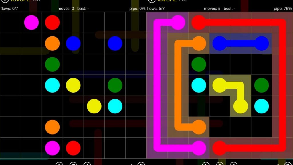 In this image, we can see a screenshot from the fun app Flow Free. You can see a black game board from the top with a white fine grid. On the game board, there are several large dots in different colors. There are two of each color on the field. These are in a certain arrangement, which is shown on the left half of the picture. On the right half of the picture, we see the connections of two of the same colors in the form of a rectangular line, which was dragged and dropped by hand. The goal of the game is to end up filling the entire board and have all the same color dots connected.