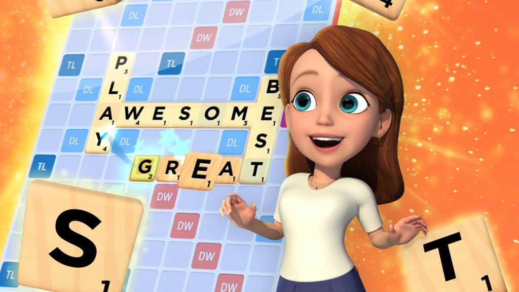 In this picture, we can see a cover of the game "Scrabble Go", where in the foreground there is a woman in the semi-close-up as a 3D figure with a cheerful face. She has big bright eyes with a green iris and brown shoulder-length hair. She is wearing a white top and a blue skirt, which is visible in the crop. To the left and slightly behind her, in a somewhat oblique perspective, we see a bluish game board on which words "Play, Awesome, Great, and Best" are laid out horizontally and vertically using the wooden letter placements to match the letters of other words and are shown in capitals. Behind the board are yellow glitter and sparks, and behind them is an orange background. At the very front of the picture, the two wooden letter tiles "S" and "T" are shown at the bottom left and right, each of which has the point value "1" depicted at the bottom right of the tile.