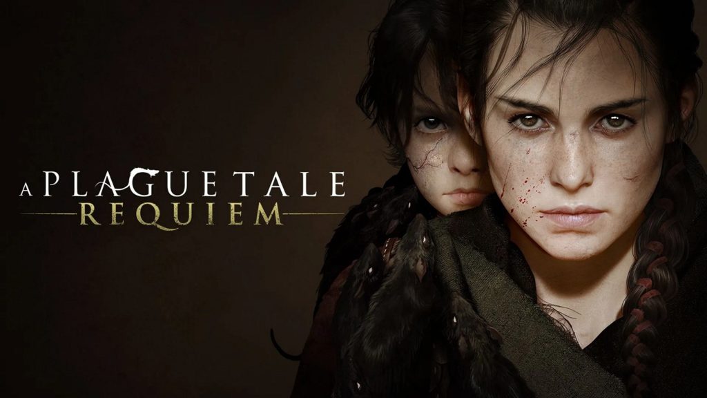 We see the cover of A Plague Tale Requiem, one of the titles for the the PC Xbox App. On the left is the name written in an old font, and on the right are two girls behind each other. The one in the front is a young adult, the one in the back is a young girl. Both are looking into the camera and the whole scene is in front of a dark background.