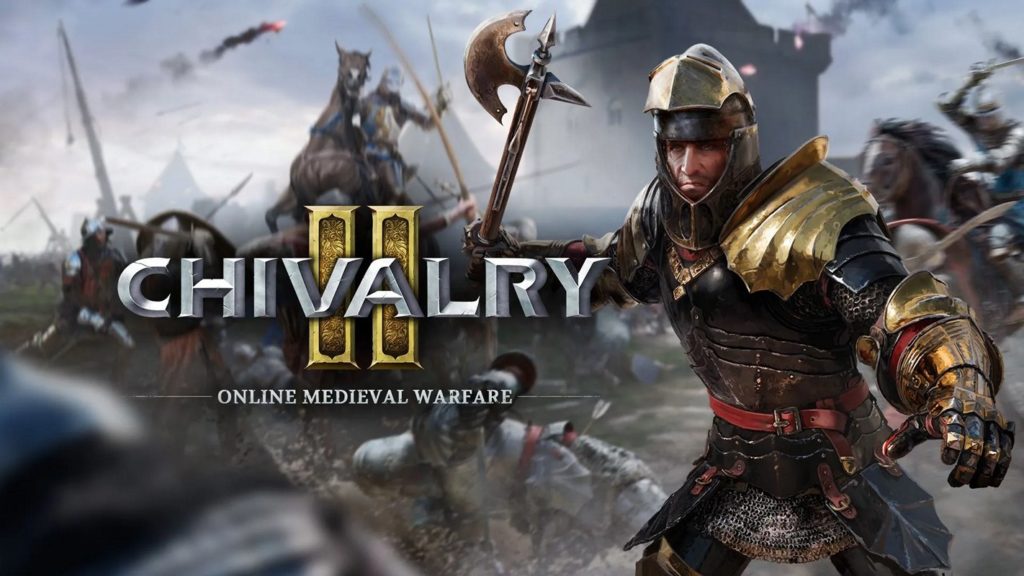 One of the Game Pass titles for October 2022 for the Xbox app is also Chivalry2, whose cover image can be seen here. On the left side is the typographic title with letters of metal and gold, and below that is a subtitle that says online medieval warfare. On the right side, there is a knight with metal armor composed of dark, gold and red colors. Behind it, a medieval war scene can be seen, with horsemen and fighting people.