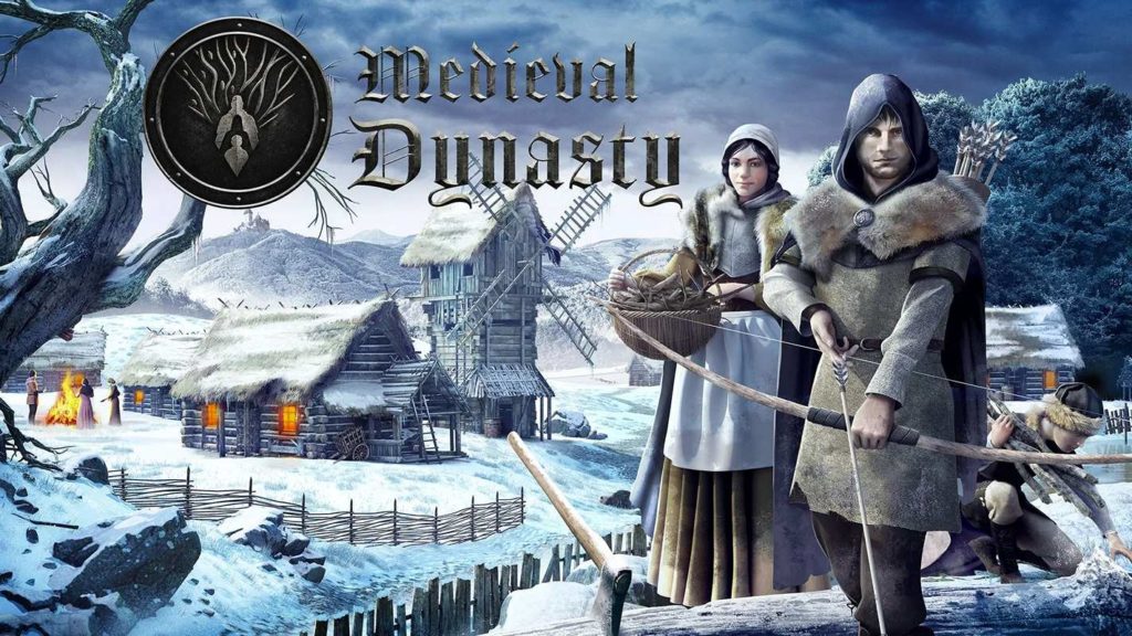 The cover image of Medieval Dynasty, one of the Game Pass October 2022 titles for the Xbox app, shows an illustrated winter landscape. In front on the right is a hooded male hunter, a woman with a basket and some twigs in it, and behind that a little boy picking up wood from the ground. In the background there is a small medieval village with a windmill and there is a lot of snow everywhere.