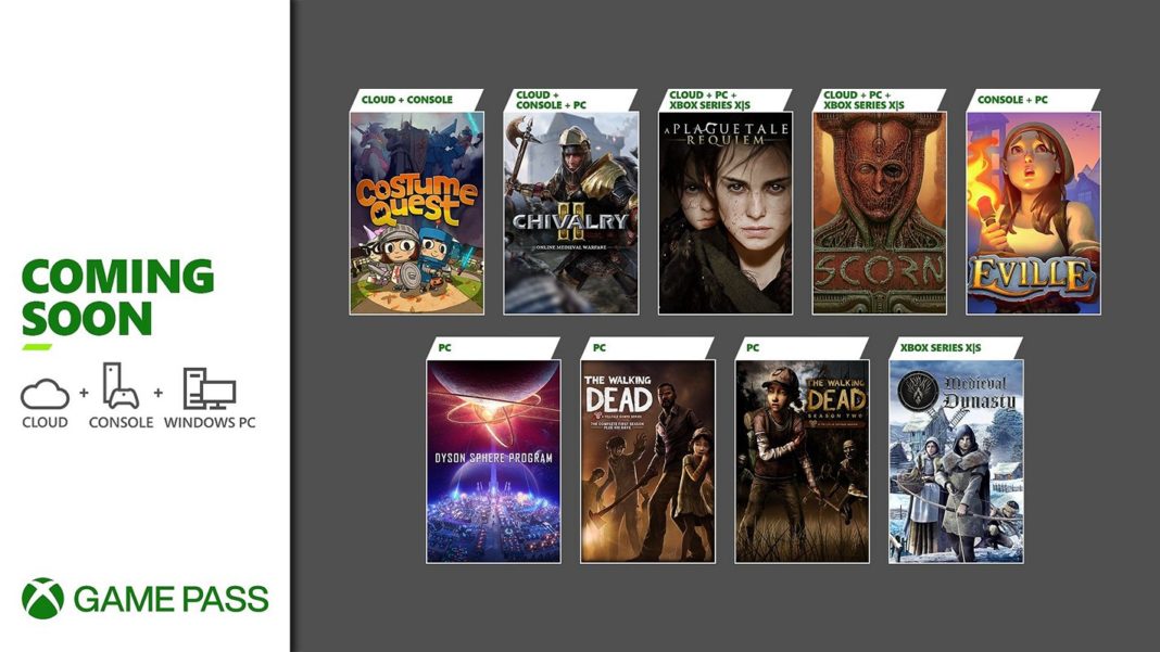 The overview image for the Game Pass October 2022 titles from Xbox is showing the nine upcoming games and typography next to it that says coming soon in capital letters, icons for cloud, console and windows pc including their text as well as the Xbox icon with the words game pass in capital letters. Most of the typography are in tones of green.