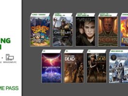 The overview image for the Game Pass October 2022 titles from Xbox is showing the nine upcoming games and typography next to it that says coming soon in capital letters, icons for cloud, console and windows pc including their text as well as the Xbox icon with the words game pass in capital letters. Most of the typography are in tones of green.