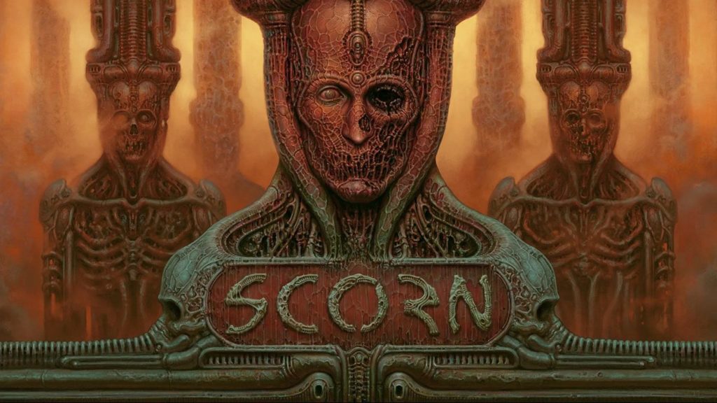The cover image from Scorn, one of the Xbox Game Pass October 2022 titles, shows weird biological pillars that are a mixture of an organic decomposing human mixed with technology.