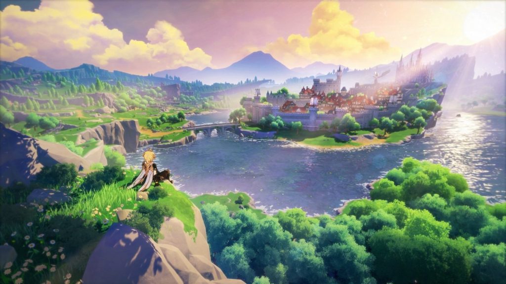 In this screenshot from Genshin Impact, we see a beautiful green landscape. At the bottom left of the image sits a character from the game, who is looking at a distant castle in bright sunshine. Update 3.2 will be released in November.