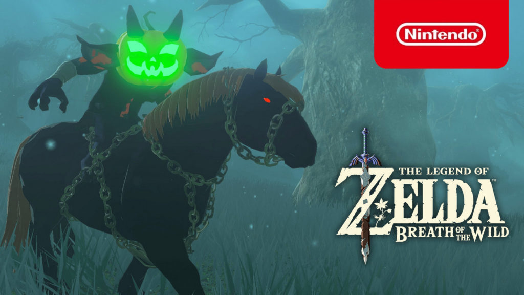 In this screenshot from The Halloween Hunt, we can see the dark rider with the glowing pumpkin head.