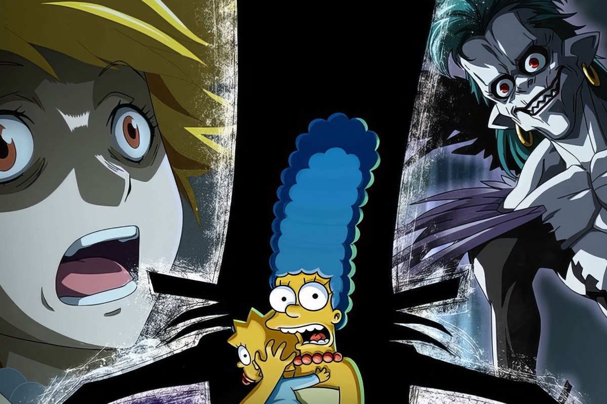 Here we see the poster of Treehouse of Horror XXXIII, which shows a frightened Marge centered at the bottom of the image in a close-up against a black background, looking at us in panic. She is holding her daughter Maggie in her arms. On the left is the fear-filled face of Lisa from the new anime adaptation, which takes up the entire left side of the image. On the right, a Frankenstein-like monster with pale skin, a high forehead, green hair, and red eyes looks at us with a grin and also takes up the entire right side of the image. This monster is also part of the new series adaptation "Death Note".