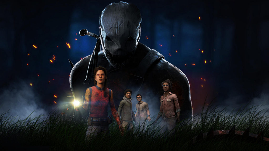 Multiplayer horror games like Dead by Daylight Mobile are very entertaining and exciting. Here we see a cover of the game. Centered at the bottom of the image, several playable characters in long shots in a slight bottom view and lightly staggered are shown. They are looking off into the distance with suspense as if they have noticed something. The person in front on the left is shining a flashlight in that direction. They are standing in the tall grass in the middle of the night. Behind you see a typical playable murderer with a white scarred mask and a pipe as a weapon in his hand, as he stares at us as viewers. He is shown frontally and much larger in a medium close-up. Behind him, sparks of fire are shooting up and a forest in the blurred fog can be seen. A highly recommended free horror game.