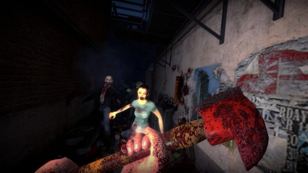 For example, here you can see a screenshot of No More Room in Hell, a free horror game in which you kill zombies with axes. The screenshot shows a dark alley in an oblique perspective, which runs from the front straight into the background of the picture a bit to the left. On the left side, a dark wall made of red bricks can be seen dimly, and on the right side, a white wall is covered with various posters. We look at the action from the player's first-person perspective and hold a red, bloody fire axe in our hands. In front of us, numerous zombies with bloody mouths and red eyes are rushing toward us.