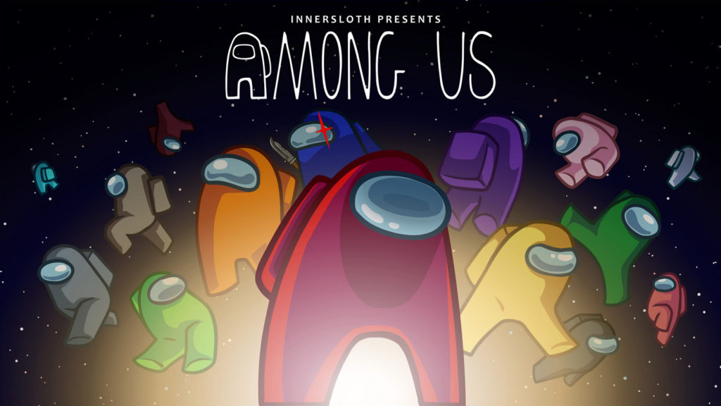 One of the most fun apps to play is Among us. Here we see the title screen, which shows both the title of the game at the top and the numerous characters with different coloured space suits floating through space.