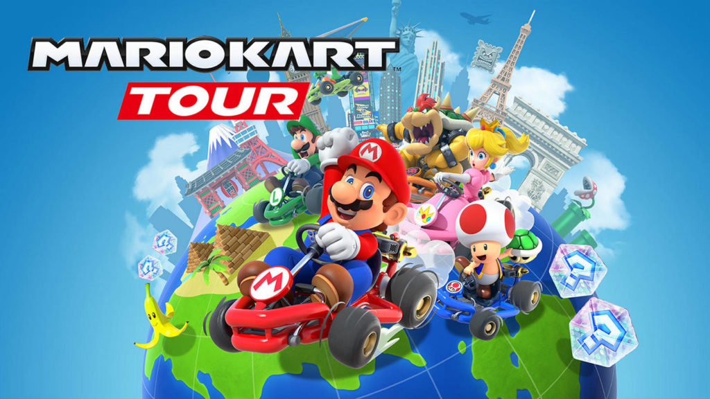 Play Mario Kart Tour on your mobile phone with friends as one of the most fun apps. The picture shows the title of the game and Mario together with many other famous characters driving over a minified planet earth. Furthermore there are many global landmarks standing on it. The proportions are cartoony.