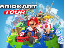 Play Mario Kart Tour on your phone with friends as one of the most fun apps. In the picture, we see in a long shot and centrally in the picture the plumber Super Mario in his red cart. Behind him are slightly staggered other characters from the Mushroom Kingdom: the toadstool-like character Toad in a blue cart, Princess Peach in a pink outfit and cart, behind him the villain Bowser with his spiky green turtle shell and wide mouth and at the very end Mario's brother Luigi in green outfit and cart. Behind the characters, the Planet Earth is shown in a slight crop, with several famous international landmarks, such as the Eiffel Tower in Paris or London's Big Ben. In the background white clouds can be seen against a sky with a radial blue gradient.