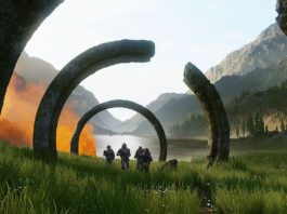 Players can look forward to the upcoming Halo Infinite update, illustrated here with an image of Spartans running towards the viewer under broken, round and stone arches. In the background, orange smoke can be seen in front of a lake framed by mountains and lush Nordic nature.
