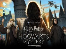 Hogwarts Mystery is the top-grossing Harry Potter mobile game, the cover of which can be seen in this image. On the left, Dumbledore is casting a spell and making butterflies appear, and next to him is a young African American apprentice and white female apprentice. In the front of the picture is a young female wizard with her back to us, and on the right is Snape, with a young white female apprentice next to him. The back of the image shows the architecture of the Hogwarts School in a sunset setting.