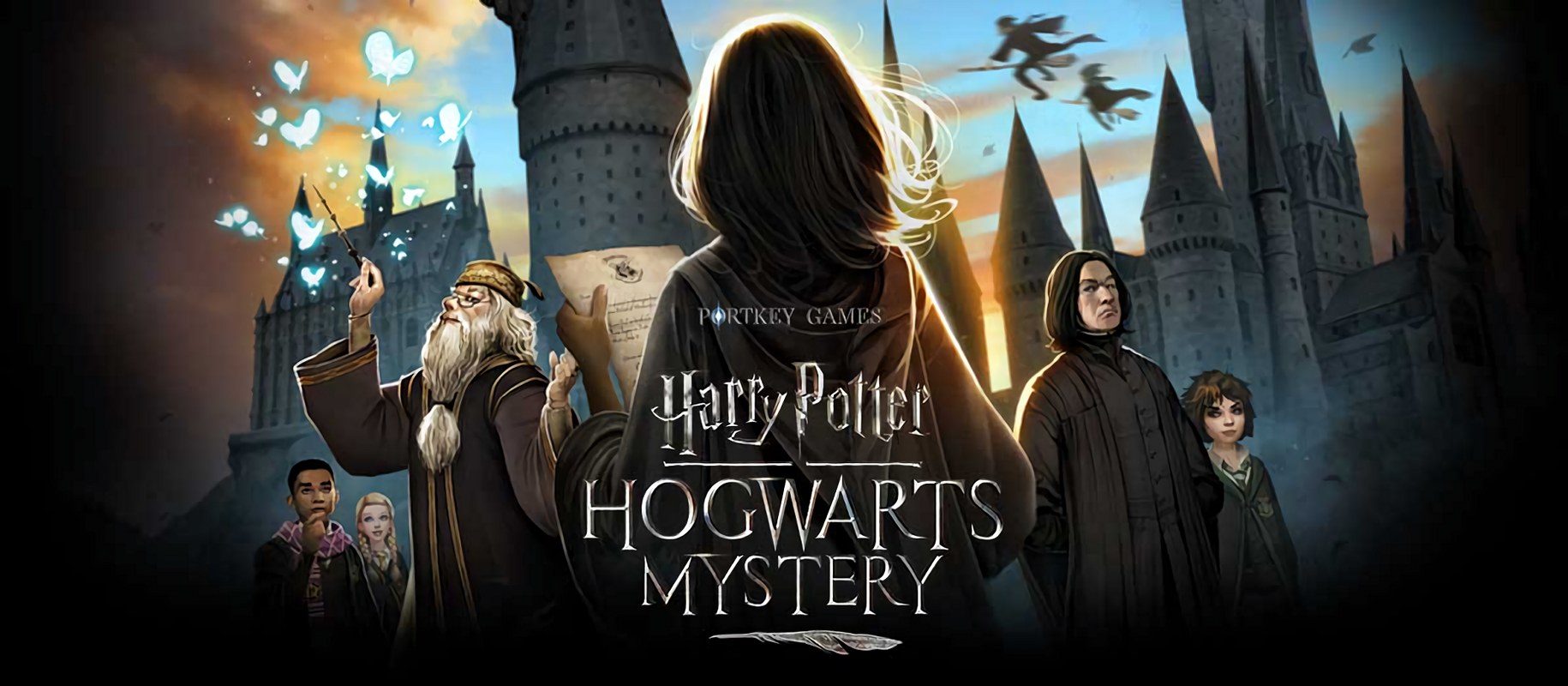 Hogwarts Mystery is the top-grossing Harry Potter mobile game, the cover of which can be seen in this image. On the left, Dumbledore is casting a spell and making butterflies appear, and next to him is a young African American apprentice and white female apprentice. In the front of the picture is a young female wizard with her back to us, and on the right is Snape, with a young white female apprentice next to him. The back of the image shows the architecture of the Hogwarts School in a sunset setting.