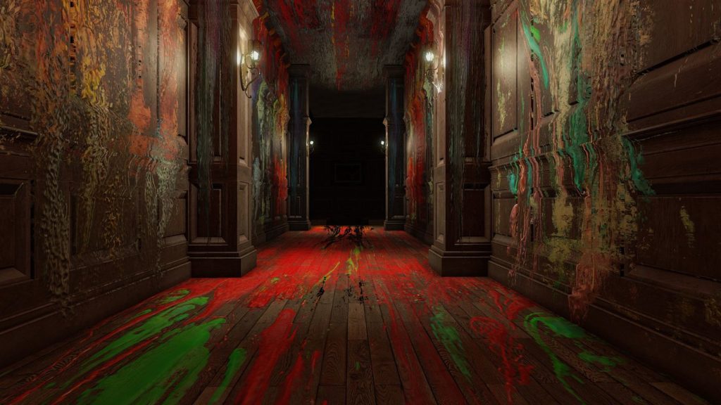 In Layers of Fear, the pictures and doors are not what they seem, as this picture shows: A long wooden corridor. which runs straight from the front into the background, and can be seen in first-person perspective. There are blobs and traces of various garish oil paints all over the floor, ceiling, and wooden walls, very much in contrast to the rather dark room. At a certain distance, opposite wall sconces illuminate the corridor, which at the end runs into absolute blackness.