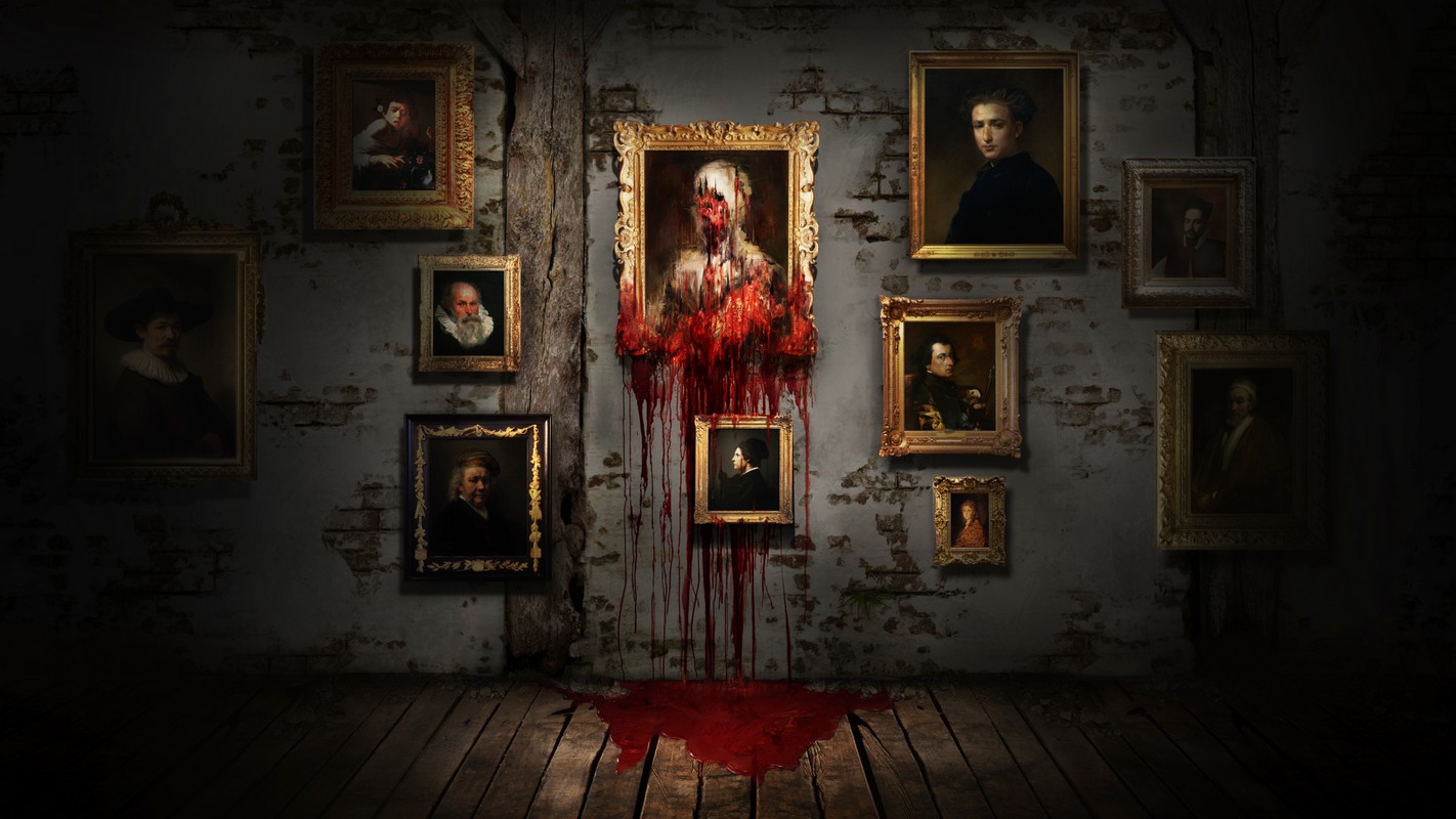 Layers of Fear is a lot about painting, as illustrated in this screenshot: We are looking at a light gray stone wall with two rectangular wooden poles set into it at a certain distance. The gray wallpaper is torn off in many places, revealing the stone wall behind it. Several oil paintings of different sizes in various golden frames are mounted on the wall at different heights and distances. All the paintings are oil portraits of specific people. In the middle, slightly elevated, we see a grotesque portrait of a person whose bloody skull can be seen instead of the face. The frame of this painting is also soaked in blood at the bottom, which has already heavily run down the wallpaper and formed a red puddle on the floorboard below. The screenshot has a strong black vignetting so that the view falls clearly on the images and they are highlighted in terms of light.