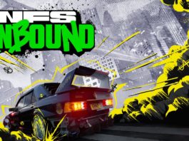 This cartoon-stylized image shows an older souped-up Mercedes with a rear spoiler, its tires spinning straight, producing lots of smoke, drawn in anime-like fashion. At the top left of the image is NFS Unbound in capital letters and in the background is a city in black and white.