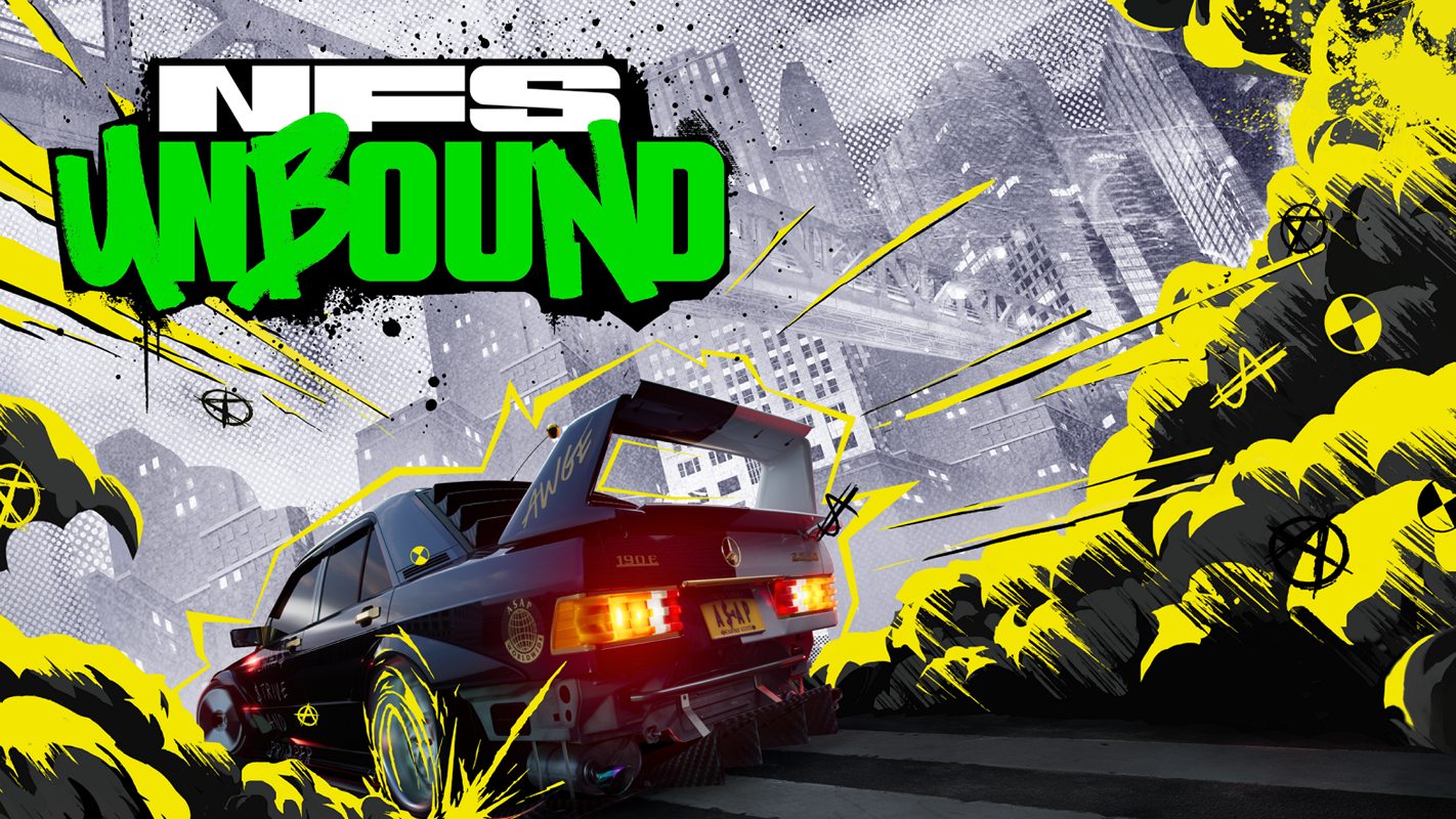 This cartoon-stylized image shows an older souped-up Mercedes with a rear spoiler, its tires spinning straight, producing lots of smoke, drawn in anime-like fashion. At the top left of the image is NFS Unbound in capital letters and in the background is a city in black and white.