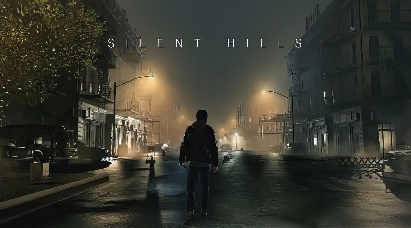 On this possible cover for a new Silent Hill game, we see the protagonist walking lonely at night on a deserted urban street with dust under the lanterns. The atmosphere triggers a slight sense of unease. At the top center of the image, Silent Hills is written in capital letters and a cinematic font. The title of an aborted game in the series.
