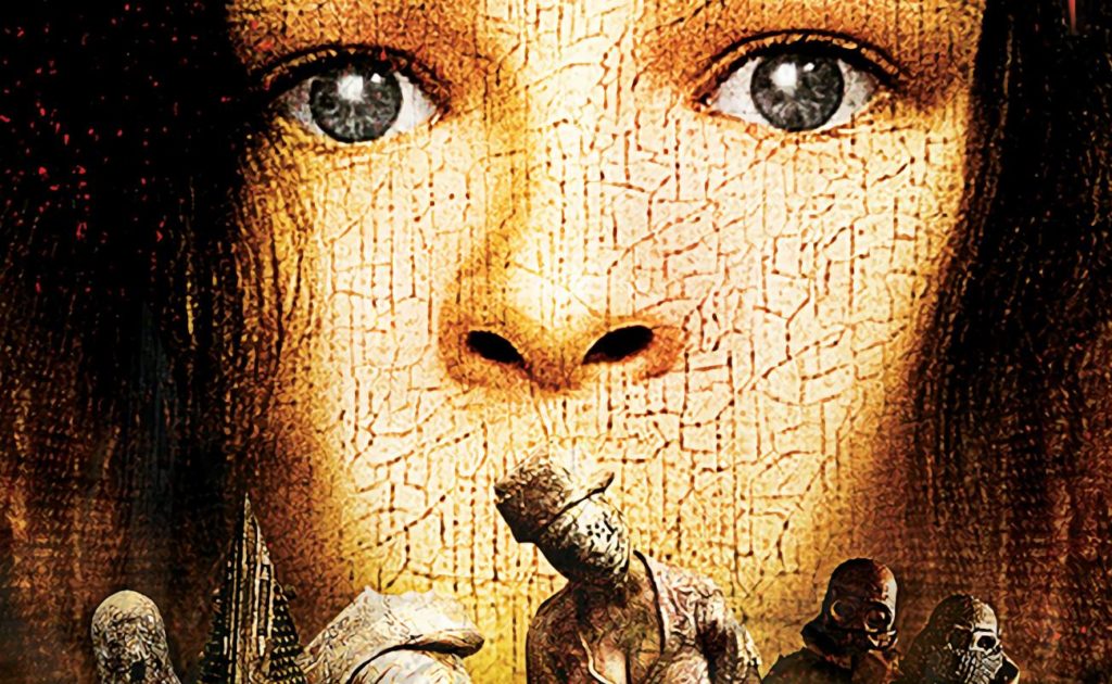 On this crop of the 2006 Silent Hill movie poster, we see the young girl Alessa in the background with her eyes wide open in a close-up and with a fearful look. In front of her, in the lower part of the picture, there are, due to the framing, some cut undead running in our direction as viewer. A good example for a possible new Silent Hill movie cover. The style of the picture resembles an old slightly crumbling oil painting.
