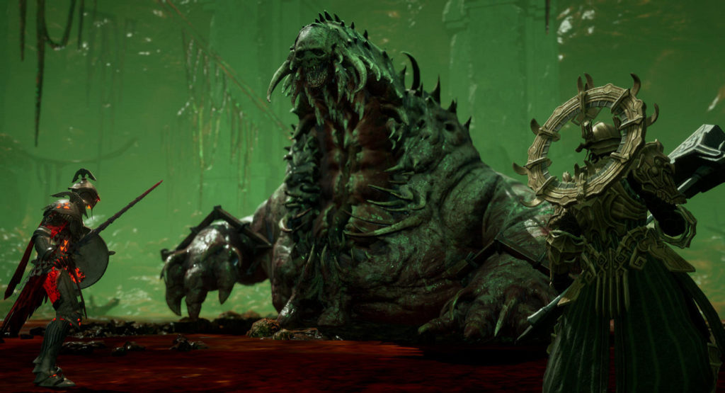 In an Undecember gameplay screenshot, we see two players in front of a large monster in a green, poisonous environment, apparently just before a boss fight. One player can be seen in the foreground on the right side of the image in the semi-close-up. He is wearing a green robe with iron armor over it. On his head, he has an iron helmet and holds a huge iron hammer in his hands. The second playable character is shown in total view a bit further in the background at the bottom left of the image. His armor and helmet are also made of iron and have a red coloring. He holds a shield in his left hand and a sword in his right. Both figures are looking towards a huge nightmarish worm-like creature that can be seen in the background of the image in the center. It has a fat physique and large paws. Its neck is made of numerous spikes and its head, on the other hand, is small and looks like a skull.