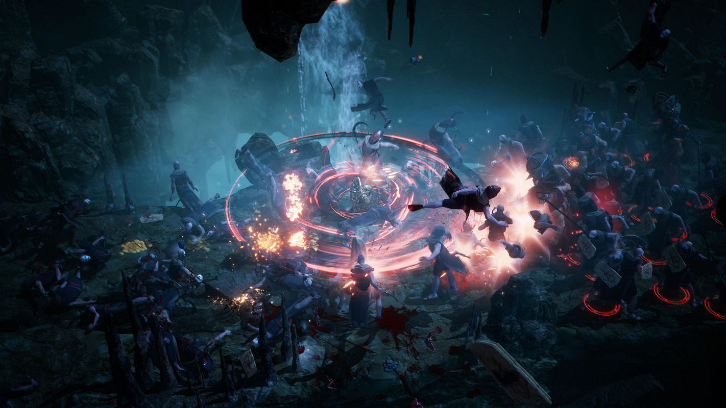 Undecember is a kind of Diablo clone that offers similar gameplay. Here we see a scene from the game an isometric perspective from the official Korean developer Need Games, in which the player is attacked by many monsters and tries to protect himself with a circle spell. The scene takes place in a dark cave. In the background, a waterfall flows down from above into the depths and cold moonlight shines into the cave from above. The player is depicted in the center of the image as he performs his spell, which consists of red streaks running in circles. Around him rush the numerous dark creatures, many of which have red outlines around their feet on the right side of the image.