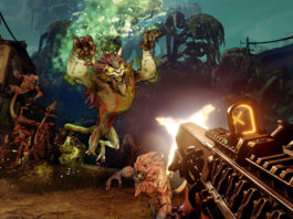 Here we see a screenshot from Borderlands 3, where the player shoots with an Assault Rifle in the first-person perspective at a nasty creature that can be seen in the center of the image in the middle ground and jumps in his direction. The beast has a wide open mouth, a poison-green body, and claws, and somewhat resembles a lion in appearance. Its eyes glow yellow. In the background is a swampy landscape with wooden buildings, red plants, and jungle-like trees. Behind the beast, another of its kind crawls on the ground, and an ape-like creature clings to a house facade on the left edge of the image. The scene seems to be set at night, as the sky looks rather cold turquoise, and the forest in the background is very dark and cool.