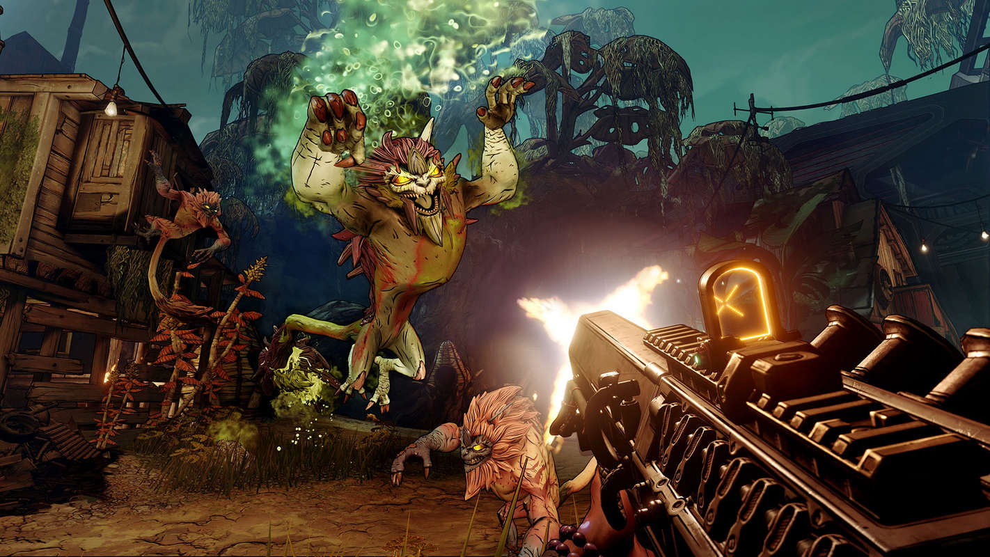 Here we see a screenshot from Borderlands 3, where the player shoots with an Assault Rifle in the first-person perspective at a nasty creature that can be seen in the center of the image in the middle ground and jumps in his direction. The beast has a wide open mouth, a poison-green body, and claws, and somewhat resembles a lion in appearance. Its eyes glow yellow. In the background is a swampy landscape with wooden buildings, red plants, and jungle-like trees. Behind the beast, another of its kind crawls on the ground, and an ape-like creature clings to a house facade on the left edge of the image. The scene seems to be set at night, as the sky looks rather cold turquoise, and the forest in the background is very dark and cool.