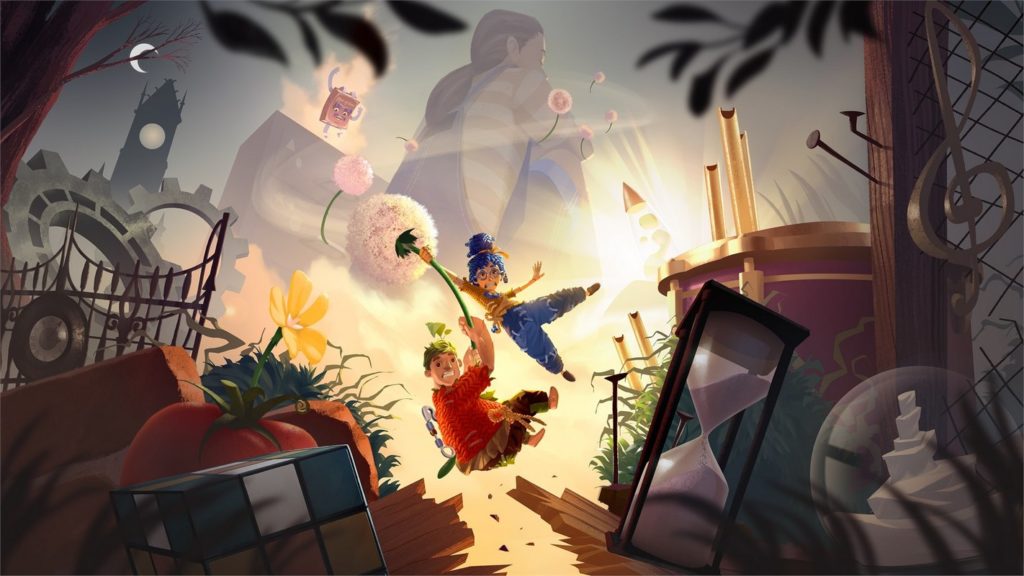 In It Takes Two you'll have to solve numerous tasks together with your partner, as seen here in this screenshot, in which the two main characters are shown in the center of the image, sliding down with a flower. To the left and right are oversized objects of all kinds, such as a Rubik's Cube, a tomato, an hourglass, and a bucket. These objects are elements that make up the levels in the game. In the background, we'll discover a glistening light in a light fog at the back right and a tall mountain in the distance, on which a dancing box-like creature is depicted.