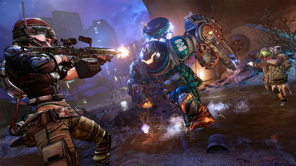 In this loot shooter "Borderlands 3" you fulfill numerous quests and fight against futuristic enemies on distant planets, as shown here in the picture: The player is shown on the left edge of the picture in full battle gear and helmet in the half-total. With his machine gun aimed, he faces the center of the image, which gives us a profile view of him. He opens fire on a brightly colored robot a bit further in the image's middle ground, which runs directly at the player, causing water to splash up in a brown puddle below him. A little further back on the right edge of the image is another enemy in a combat outfit and green glowing visor, which also shoots at the player. In the background, you can see numerous futuristic buildings and the blue night sky. Have fun playing one of the best PPS5 co-op games in the sci-fi genre.