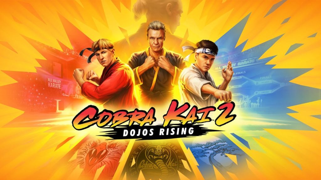 On this cover, we see the main characters of the game, which is based on the fourth season of the series Cobra Cai. The characters are impressively depicted against a yellow-orange background. Below that we see the title of the game "Cobra Kai 2: Dojos Rising".