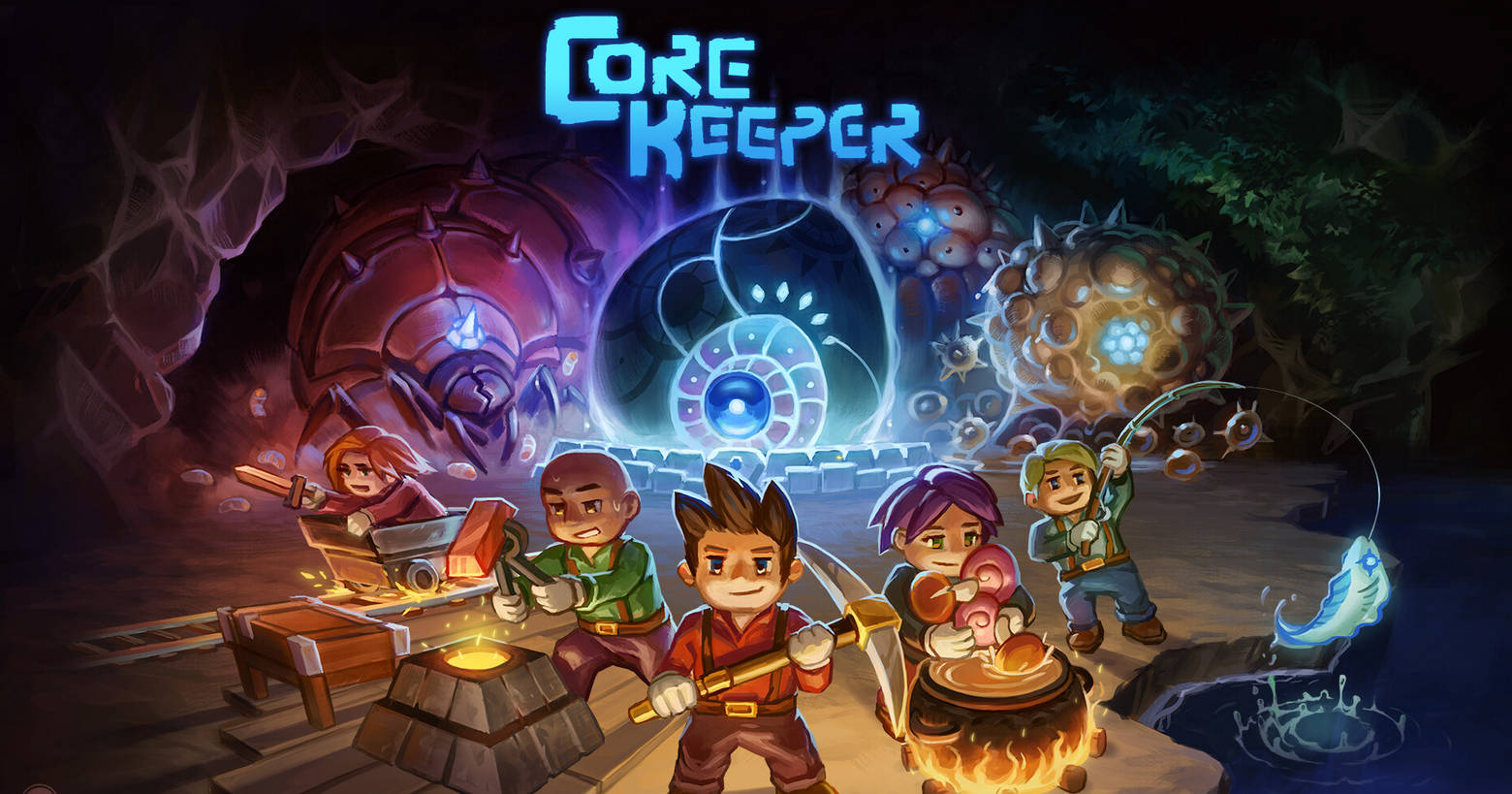 On this cover, we see the different characters in Core Keeper. Find helpful tips and tricks in our guide and defeat bosses like Azeos the Sky Titan.