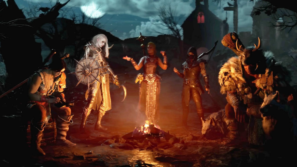 Also in Diablo IV, you can choose between five classes. In this picture, you can see the selection menu, where all playable characters are presented side by side in a light u-form at night around a burning campfire and are shown in total view. On the far left, a character in female form is sitting on a chest. The female hero has reddish battle armor, black hair, and a bow on her back. Next to her is a necromancer with long white hair, a round shield, and a scythe in her left hand. In the center of the picture stands a sorceress of brownish cloth clothing with her hands raised. Next to her is a female archer wearing leather armor with a hooded face. Next to her in the front right of the picture is a sitting druid wearing a large animal skin and a helmet with antlers.