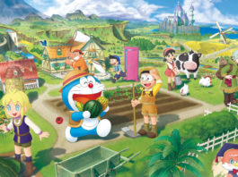 Play the new part of the Doraemon game. Here we can see the cover of the new title, which features the famous robot cat together with the other characters in front of a built farm landscape. The cute blue and white cat with a big round head and a round straw hat can be seen in the center of the picture next to a farmer in brown leather pants, a white shirt, and a yellow hat. The cat is holding a watermelon and a pineapple in its hands, which it is about to eat with its mouth wide open. The farmer looks at the cat laughing, while he wipes the sweat from his forehead. In his right hand, he holds a pickaxe, which he has placed on the ground. They are standing in front of a brownfield. Around the two of them are other farm characters with different looks and different clothes. They stand around beds and plants, looking jauntily in different directions. In the back, two figures are hunting insects with nets. This beautiful green landscape in broad daylight extends into the distant background, where a blue lake and a magnificent castle are also depicted on the right. On the left, we can see a large pointed mountain in the distance.