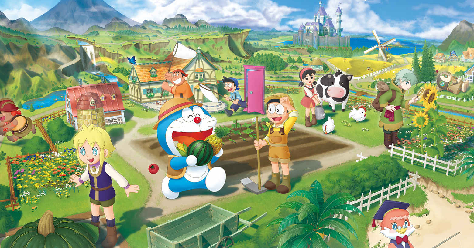 Play the new part of the Doraemon game. Here we can see the cover of the new title, which features the famous robot cat together with the other characters in front of a built farm landscape. The cute blue and white cat with a big round head and a round straw hat can be seen in the center of the picture next to a farmer in brown leather pants, a white shirt, and a yellow hat. The cat is holding a watermelon and a pineapple in its hands, which it is about to eat with its mouth wide open. The farmer looks at the cat laughing, while he wipes the sweat from his forehead. In his right hand, he holds a pickaxe, which he has placed on the ground. They are standing in front of a brownfield. Around the two of them are other farm characters with different looks and different clothes. They stand around beds and plants, looking jauntily in different directions. In the back, two figures are hunting insects with nets. This beautiful green landscape in broad daylight extends into the distant background, where a blue lake and a magnificent castle are also depicted on the right. On the left, we can see a large pointed mountain in the distance.