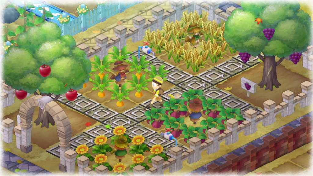 Build a magnificent garden together with your friends in the new Doraemon game, as this screenshot impressively shows: In isometric perspective, we see a richly planted garden from above during the day. The garden consists of six square beds and is surrounded by a stone wall. The fields are separated by an ornate stone path. We glimpse crops grown on top, carrots on the left, red beets and sunflowers below. On the left is an apple tree and on the right a tree with magenta berries. In the center of the picture, a yellow-colored farmer is walking along the stone path to the lower left.