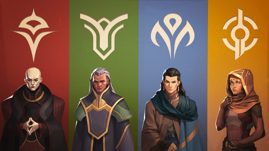 In Dune Spice Wars you can lead four different factions into battle. In this image, we see the four factions side by side, each with a different color background and look. The game will soon be available on Xbox Game Pass.