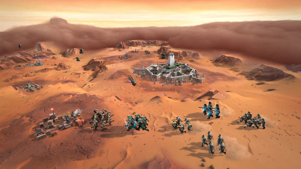 Enjoy the impressive gameplay and lead your faction to victory in multiplayer, as illustrated here in this screenshot. Here, a battle between two factions is taking place in the middle of the desert.