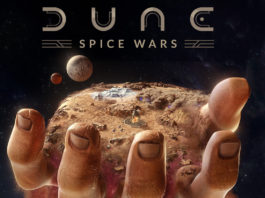 Here we see the cover of the game Dune Spice Wars. In the picture we see an oversized hand holding up a pile of sand. The sand represents the planet Dune metaphorically and we see a sandstorm and battles between different factions from the game. This title will soon be playable on Xbox Game Pass. Experience epic gameplay and hot battles.