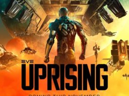 Here we see the cover of EVE: Uprising, which is the new expansion to EVE Online and is playable starting today. In the picture we see the expansion title and above it a game character in front of a multitude of spaceships.