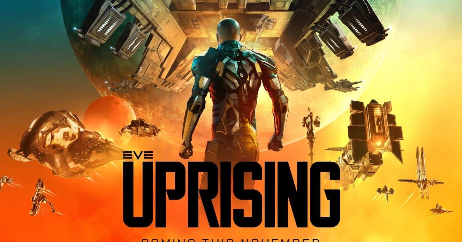Here we see the cover of EVE: Uprising, which is the new expansion to EVE Online and is playable starting today. In the picture we see the expansion title and above it a game character in front of a multitude of spaceships.