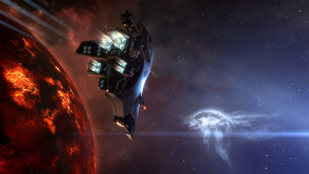 Control many new spaceships in Eve: Uprising, the new expansion to Eve Online. In this picture, we see a spaceship of the game in front of a fiery red planet in the middle of the Galaxy.
