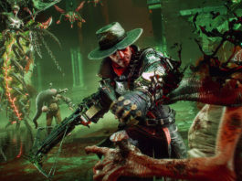 Jesse Rentier, the protagonist, and gunslinger from the Evil West game can be seen from the American perspective in the center of the picture, as he is smashing the head of a vampire in the foreground with his left fist, so that the blood spurts out. In his right hand, he holds a crossbow. In the background, various other creatures can be seen approaching the main character. The scene is currently taking place in a kind of hall and is illuminated with a poisonous greenish light. The gameplay is very action-packed and the game can also be played in co-op in third-person mode.