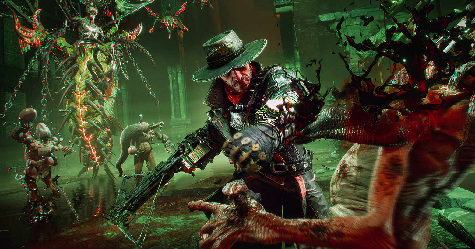 Jesse Rentier, the protagonist, and gunslinger from the Evil West game can be seen from the American perspective in the center of the picture, as he is smashing the head of a vampire in the foreground with his left fist, so that the blood spurts out. In his right hand, he holds a crossbow. In the background, various other creatures can be seen approaching the main character. The scene is currently taking place in a kind of hall and is illuminated with a poisonous greenish light. The gameplay is very action-packed and the game can also be played in co-op in third-person mode.