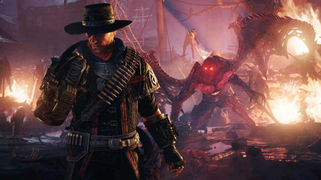In the background of this screenshot, a fiery red demon with glowing red eyes and powerful wings can be seen roaring with its mouth wide open in the direction of the protagonist, whom we see in front of the left of the image in the semi-close-up. The main character with a cowboy hat doesn't seem to be impressed and looks to his right scissor hand with his head down, preparing for the fight. The background is lit by flames and the scene appears very gloomy.