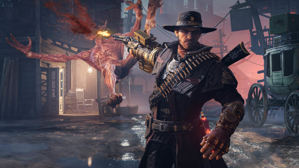 Go on a vampire hunt in the Wild West alone or with a partner and eliminate bloody vampires as seen in this screenshot: In the center of the image, the protagonist is shown in a semi-close-up in the middle of a street in a city, looking ahead as he shoots an onrushing bloody vampire in the head with his revolver, causing the blood to spurt out. Wooden buildings can be seen in the background as well as a green carriage in the bleed on the right. The ground is matchy and the dim light of individual lanterns is reflected in the puddles. A red mist is visible in the right background of the image.